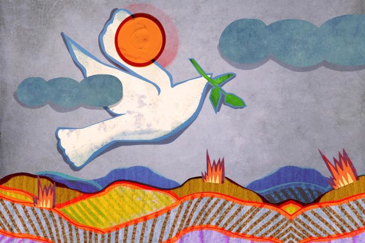 Painting of a dove flying over a fiery landscape 